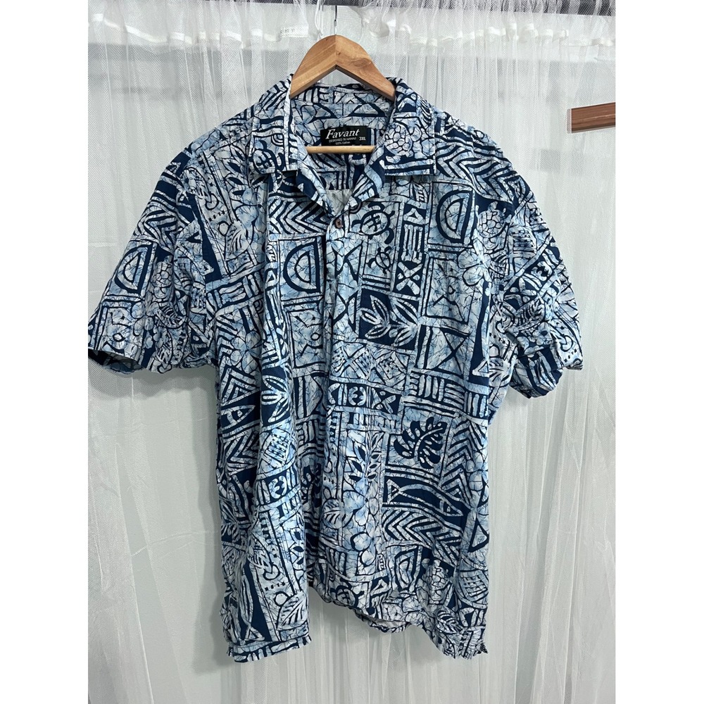 Favant Mens 3XL Hawaiian Shirt Blue White Batik Tribal Geometric Cotton Aloha